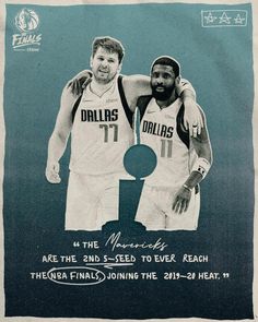 two basketball players standing next to each other in front of a poster that says,