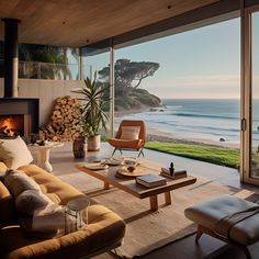 a living room with a view of the ocean