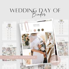 the wedding day of binder is shown with photos and text on it's side