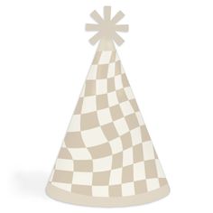 a party hat with a checkerboard design on the top and a white background