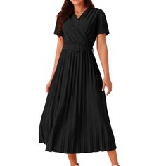 The short sleeve midi pleated sress is a must have item in women's wardrobes. The wrap pleated midi dress comes in a range of colors, making it easy to find the perfect one to suit your personal style. In the breezy spring and summer season, wear this pleated dress with your bag and necklace to attend parties, perfectly expressing your elegance! Pleated Dress Midi, V Neck Dress Casual, T Dress, Midi Dress Casual, Pleated Midi Dress, Dress With Belt, Women Midi, Belt Black, Women's Wardrobe