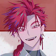 an anime character with pink hair and long braids, smiling at the camera in front of a red wall