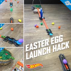 a collage of photos showing the easter egg launch and toy train tracks with eggs