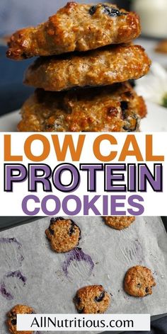 low carb protein cookies stacked on top of each other with the title above it