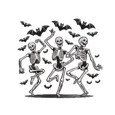 three skeletons dancing with bats in the background