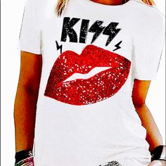 Sequin Kiss Concert Tee Shirt . Trendy White Top For Concert, White Graphic Tee Shirt For Concert, White T-shirt For Concerts In Fall, White Fitted T-shirt For Concert, Trendy White T-shirt For Concert, White Top For Fall Concert, White Top For Spring Concert, White Tops For Concerts In Spring, White Tops For Spring Concert