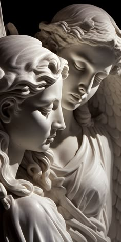 two white angel statues with their heads touching each other