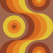 an orange and yellow pattern with circles in the center, on a brown background that looks like a spiral