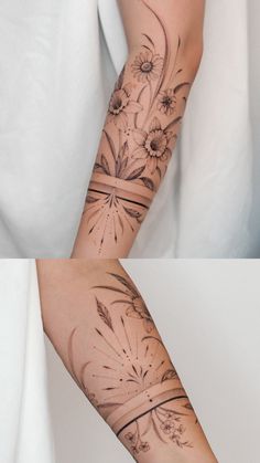 two images show the same arm with different tattoos on each arm, and one has flowers in it