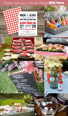 a collage of pictures with food and drinks on it, including an outdoor bbq party