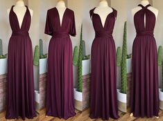 three different views of the back of a bridesmaid's dress, one in burgundy