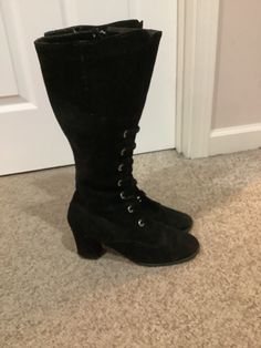 This nice pair of Vintage 60s 70s black suede like Granny lace up boho witchy tall boots comes to you in a marked size of 9 but pls use measurements as your guide. Every designer sizes differently. Fitted Lace-up Suede Boots, Fitted Suede Lace-up Boots, Vintage Suede Boots For Fall, Bohemian Winter Suede Boots, Vintage Lace-up Mid-calf Boots For Fall, Vintage Wide Calf Mid-calf Boots For Winter, Vintage Knee-high Lace-up Boots For Winter, Bohemian Suede Winter Boots, Vintage Black Knee-high Boots For Fall