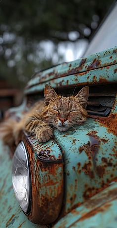 a cat is sleeping on the hood of an old rusty car with it's eyes closed