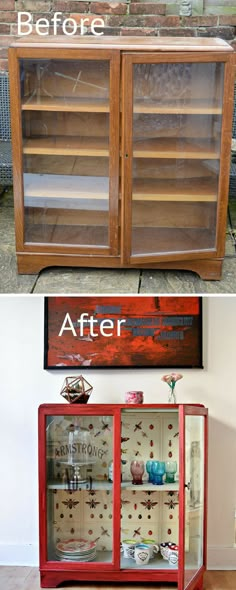 the before and after shots of an old china cabinet with glass doors, painted red