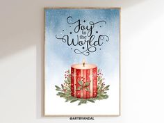 a christmas card with a red candle and holly wreath on the front, says joy to the world