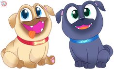 two cartoon dogs sitting next to each other, one is smiling and the other has his tongue out