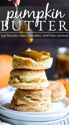 A stack of biscuits with pumpkin butter on top. Pumpkin Butter Recipe, Vegan Pumpkin Recipes, Pumpkin Butter, Best Vegetarian Recipes, Vegan Pumpkin, Hummus Recipe, Homemade Pumpkin, Freezer Friendly