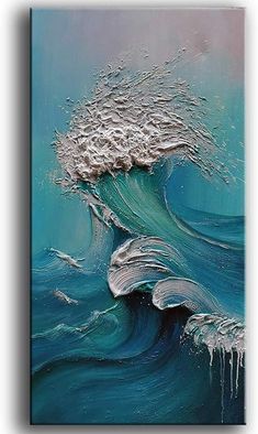 an abstract painting of waves in blue and white with water splashing on the bottom