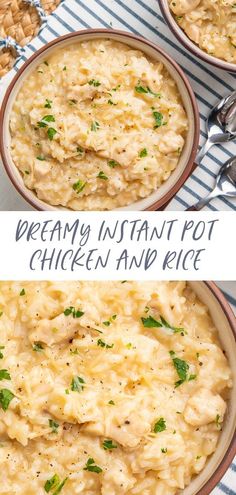 two bowls filled with creamy instant pot chicken and rice, on top of a striped table cloth