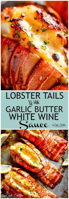 lobster tails with garlic butter and white wine sauce on the side, and an image of lobster