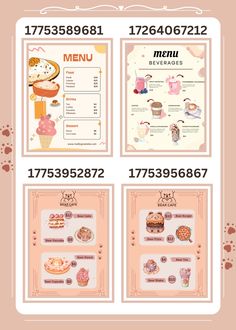 the menu for an ice cream shop with different items on it and numbers in english