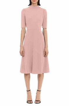 Maggy London Tie Neck Puff Sleeve Scuba Crepe Dress | Nordstromrack Fitted A-line Crepe Midi Dress, Chic Fitted Seamed Midi Dress, Elegant Stretch Puff Sleeve Dress For Spring, Chic Fitted Seamed Dress, Chic Seamed Knee-length Dress, Chic Knee-length Seamed Dress, Fitted Feminine Short Sleeve Dress, Elegant Short Sleeve Stretch Dress For Spring, Spring Midi-length Seamed Dresses