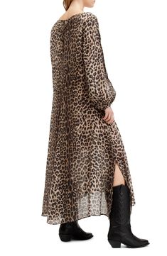 A classic leopard pattern amplifies the contemporary appeal of this gauzy, long-sleeve dress. Ties at neck Boat neck Long sleeves with elastic cuffs Side slits 69% viscose, 31% polyamide Dry clean Imported Dress Leopard, Long Sleeved Dress, Dress Images, Sleeved Dress, Leopard Print Dress, Top Designer Brands, Leopard Pattern, Sweaters And Jeans, Cover Up Dress