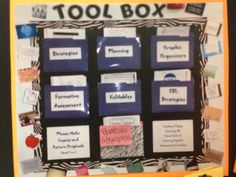 a bulletin board with several different types of items on it and the words tool box