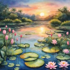 a painting of pink water lilies and palm trees in the background, with sunset behind them