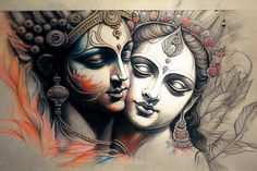 an artistic drawing of two women with their faces painted in different colors and designs on paper