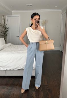 August Business Casual Outfits, Blue Professional Outfits Women, Summer Business Casual Outfits Colorful, Lawyer Outfit Summer, Cream And Blue Outfits, Powder Blue Pants Outfit, Summer Business Professional Outfits, First Job Outfits, Intern Fits