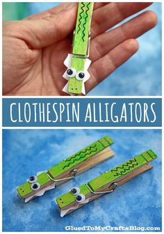 two pictures of clothespin alligators made out of paper with eyes on them and the words, clothespin alligators