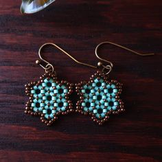 Temple Tree Hexagon Mandala Earrings - Aqua and Bronze - Tiny Hexagon Mandala, Bead Tassels, Tassels Earrings, Tree Heart, Seed Bead Jewelry Patterns, Mandala Jewelry, Mandala Earrings, Beaded Earrings Native, Beaded Earrings Diy