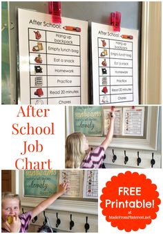 a collage of photos with the words after school job chart on them and pictures of children