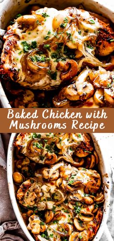 baked chicken with mushrooms and cheese in a casserole dish