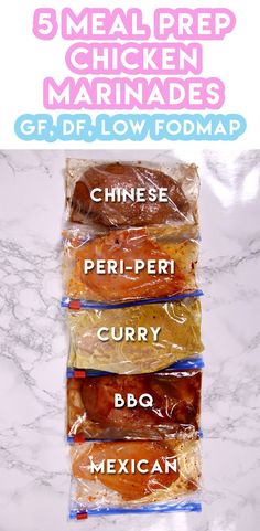 four bags of chicken marinade on top of a marble counter with the words 5 meal prep