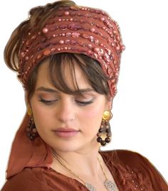 Bohemian Fitted Headscarf Headband, Adjustable Brown Bohemian Turban, Jewish Headscarf, Traditional Headscarf, Scarf Head Covering, Loss Hair, Scarf Head, Scarf Bandana, Tie Headband