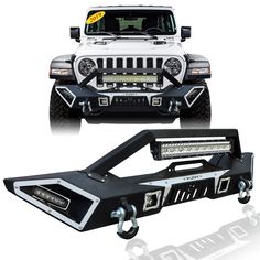 the front and rear view of a white jeep with leds on it's bumper