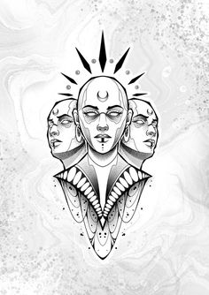 three faces with different shapes and sizes, one is drawn in black ink on a white background