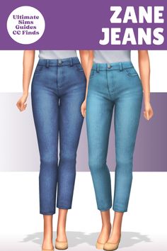 two women in jeans standing next to each other with the words zane jeans on them