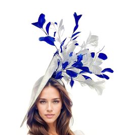 White Royal Blue Feather Statement Fascinator Hat Headpiece Woman Weddings Kentucky Derby Oaks Royal Ascot Formal Occasions Headband Abigail - Royal Blue and White Saucer Fascinator Hat With Headband This facsintor hat is conmprised of large white sinamay base trimmed with a large gorgeous sprays of white and bright cobalt blue/royal blue feathers  This fascinator measures about 20 inches wide with feathers Base measures about 12 inches This white and royal blue headpiece is mounted with a match Royal Blue Fascinator For Formal Occasions, Elegant Royal Blue Fascinator For Formal Occasions, Blue Headpiece For Races, Royal Blue Evening Fascinator, Royal Blue Mini Hats For Royal Ascot Evening, Elegant Adjustable Royal Blue Fascinator, Royal Blue Fascinator For Royal Ascot, Royal Blue Fascinator For Royal Ascot And Formal Events, Elegant Royal Blue Fascinator For Races