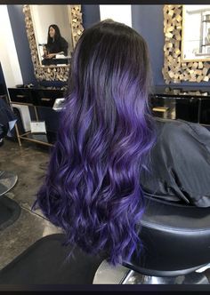 Black Hair With Purple Ombre, Purple And Black Balayage Hair, Long Hair Purple Highlights, Hairdye Ideas Purple, Purple And Black Balayage, Long Black And Purple Hair, Black Hair With Purple Balayage, Light Purple Highlights Black Hair, Dark Purple To Light Purple Hair