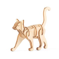 a wooden toy cat that is standing on its hind legs