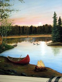 North Woods Mural | Debbie Cerone | Wall Murals Lake House Wall Mural, Lake With Trees Painting, Painting Lake Scenes, Lake Scene Painting, Woods Mural, Lake Mural, Lake Landscape Art, Lake Scenes, Lake Theme