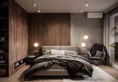 a large bed sitting next to a wooden wall in a room with lots of windows