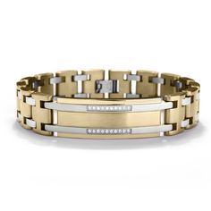 This exquisite bracelet has it all, premium grade stainless steel finished in yellow gold complimented by accents of plain steel. In the center plate are two impressive rows of eye-catching Diamondeau® - the Supreme Diamond Alternative stones for an added touch of luxury. A real unique piece. Unique Mens Bracelet, Mens Accessories Bracelet, Mens Diamond Bracelet, Stainless Steel Bracelet Men, Swiss Luxury, Jewelry Bracelets Gold, Mens Gold Bracelets, Diamond Alternatives, Men's Bracelet