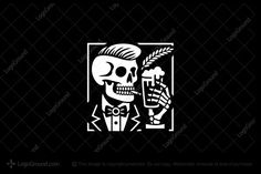 a skeleton in a tuxedo holding a beer