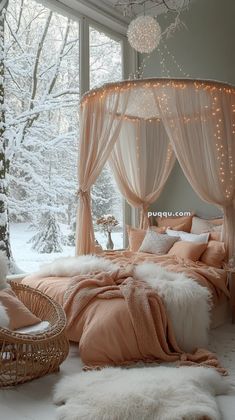 a bedroom with pink and white decor in the snow