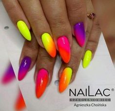 neon nail polish with different colors and shapes on the nails, which are very colorful