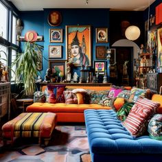 a living room filled with lots of colorful furniture